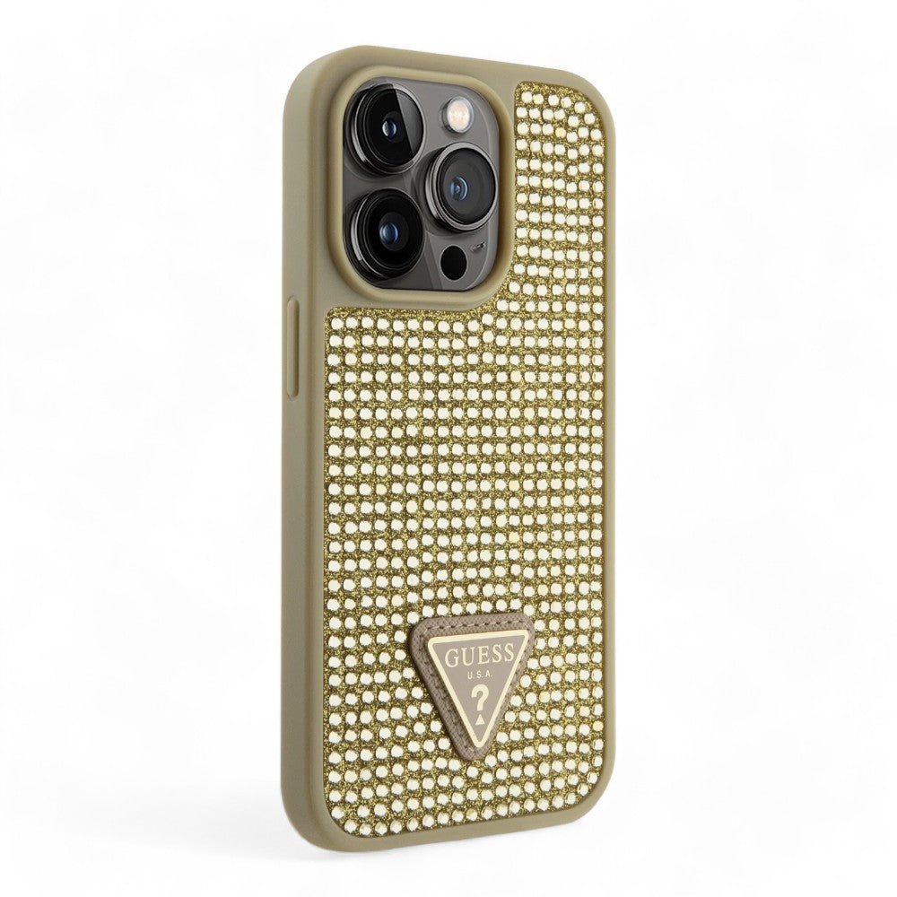 Estuche Guess Hard Case Iphone 15 Pro Pc/Tpu Gold Hard Case Rhinestone Triangle Color Dorado - TOP MOVIL