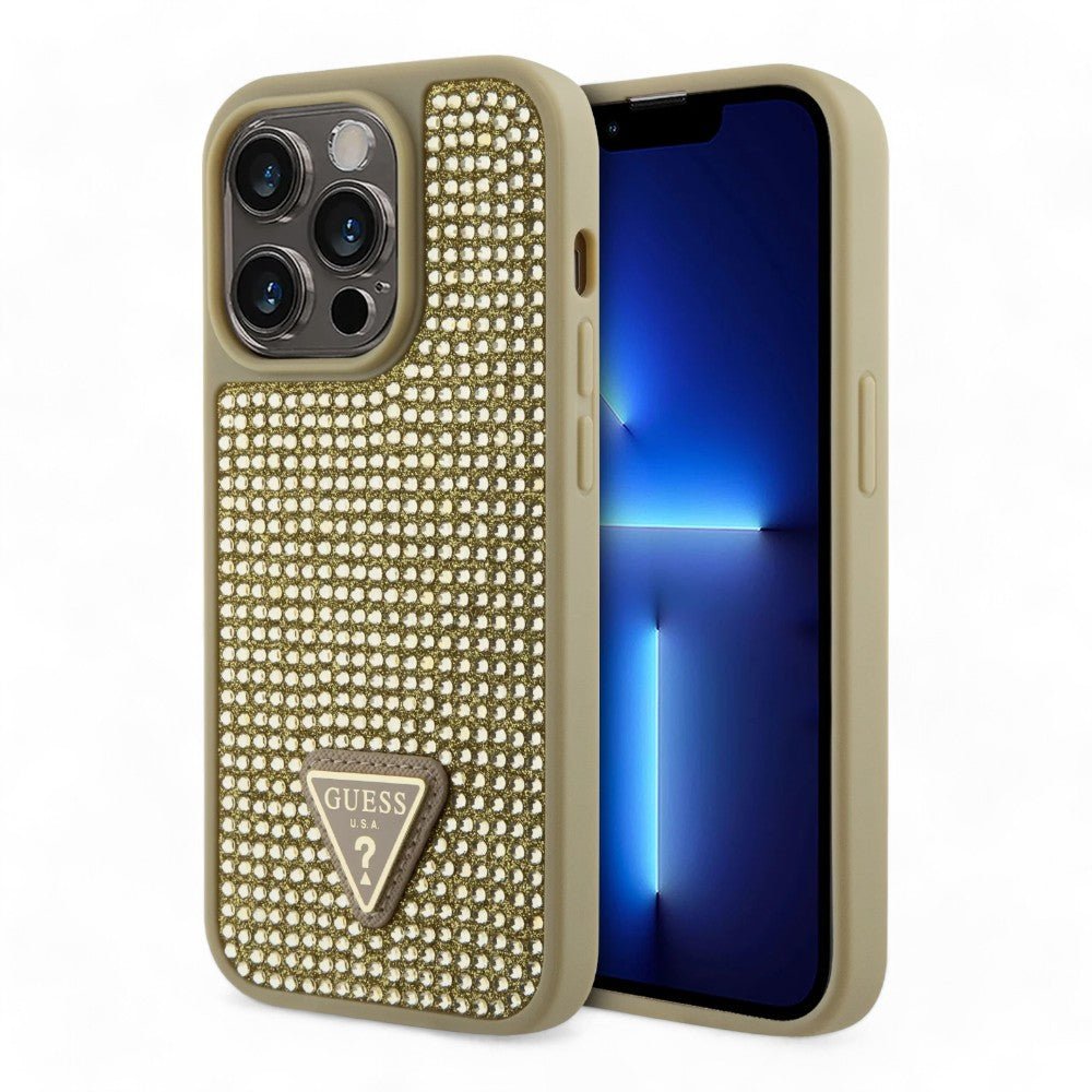 Estuche Guess Hard Case Iphone 15 Pro Pc/Tpu Gold Hard Case Rhinestone Triangle Color Dorado - TOP MOVIL
