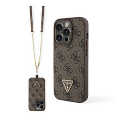 Estuche guess hard case iphone 15 pro pu leather brown hard case metal logo strass crossbody color caf_ - TOP MOVIL