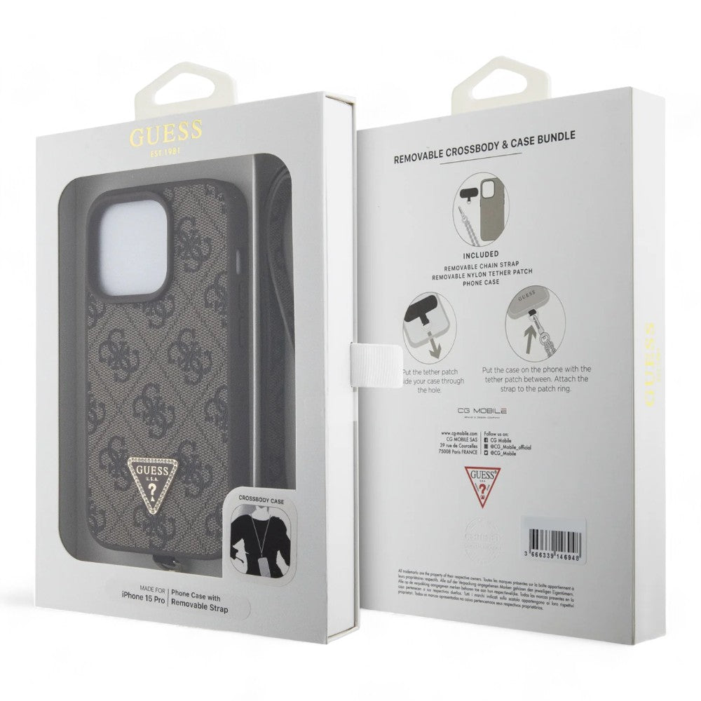 Estuche guess hard case iphone 15 pro pu leather brown hard case metal logo strass crossbody color caf_ - TOP MOVIL
