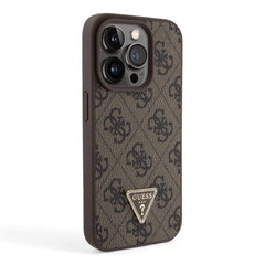 Estuche guess hard case iphone 15 pro pu leather brown hard case metal logo strass crossbody color caf_ - TOP MOVIL