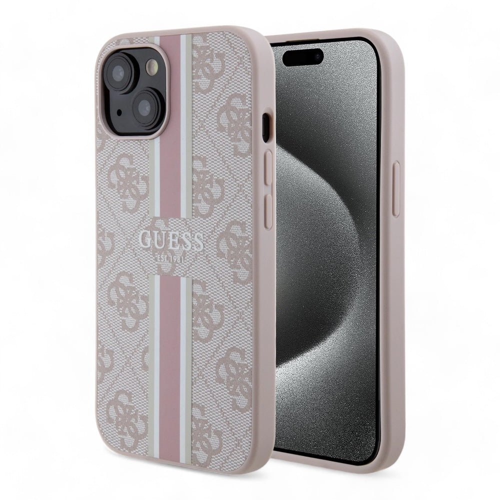 Estuche guess hard case iphone 15 pro - pu leather pink hard case 4g printed stripes color rosado - TOP MOVIL