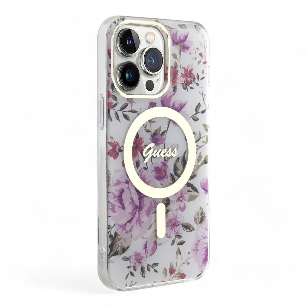 Estuche guess magsafe iphone 15 pro - pc/tpu purple hard case magsafe iml golden marble color morado - TOP MOVIL