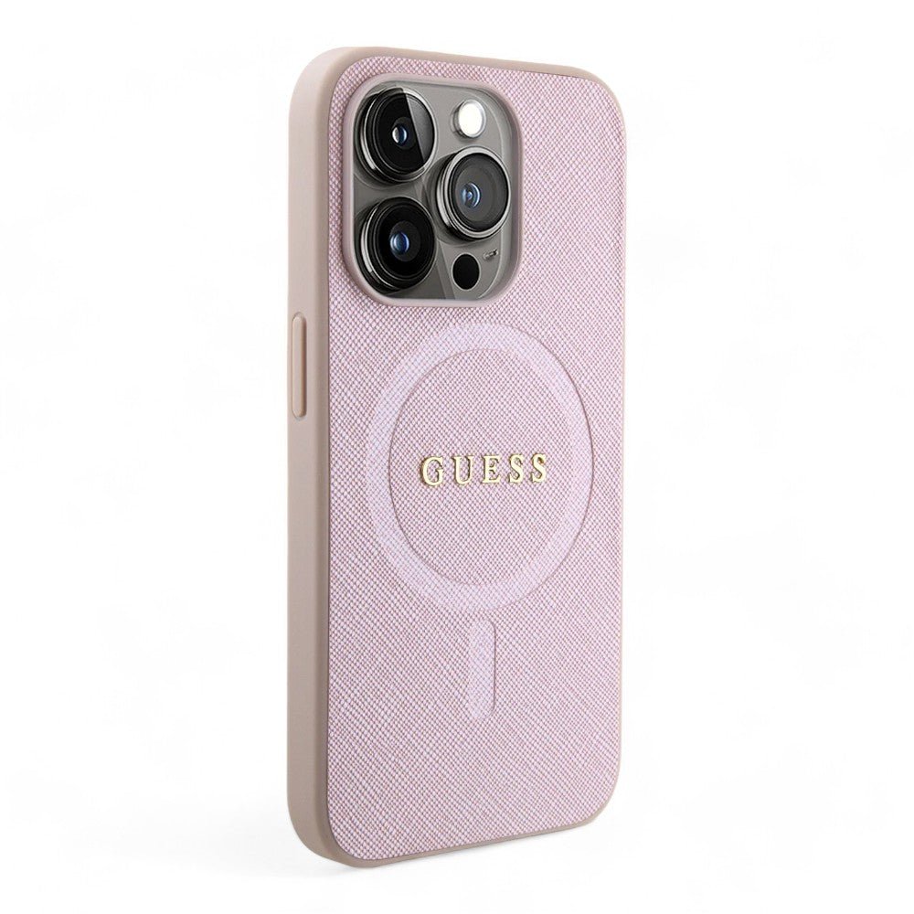 Estuche guess magsafe iphone 15 pro pu leather pink hard case saffiano color rosado - TOP MOVIL