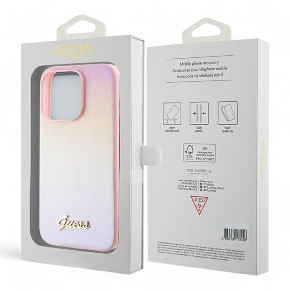 Estuche guess pu saffiano iridescent script iphone 15 pro max color rosado - TOP MOVIL