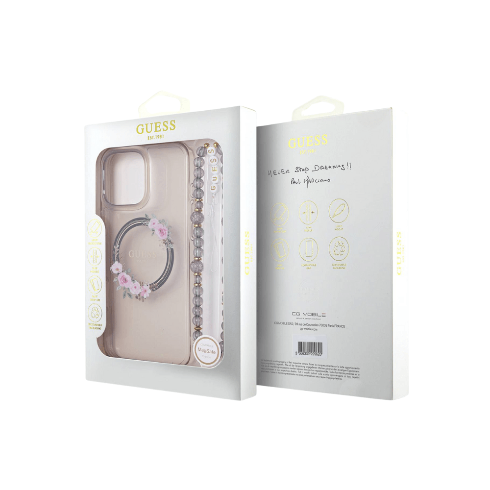 Guess hc magsafe grained pu w/flower charm strap pink iphone 16 pro - TOP MOVIL