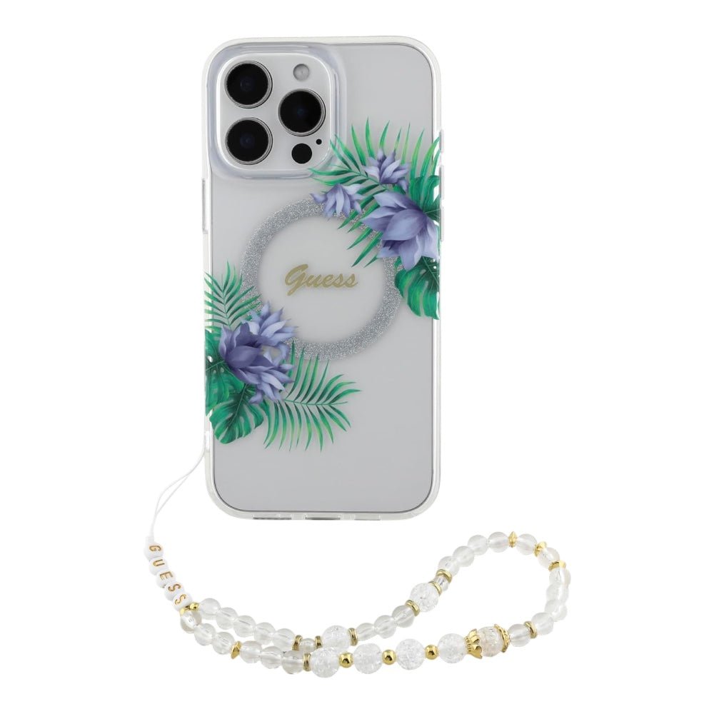 Guess hc magsafe iml flower wreath glitter w/ pearl strap white iphone 16 pro max - TOP MOVIL