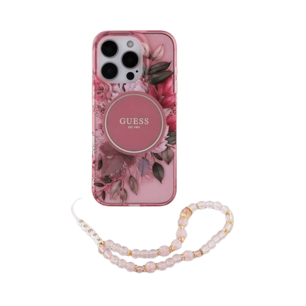 Guess hc magsafe iml flowers with pearl strap pink iphone 16 pro - TOP MOVIL