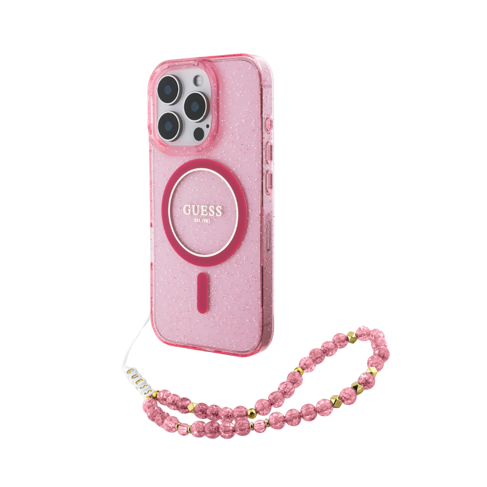 Guess hc magsafe iml glitter with pearl strap pink iphone 16 pro max - TOP MOVIL