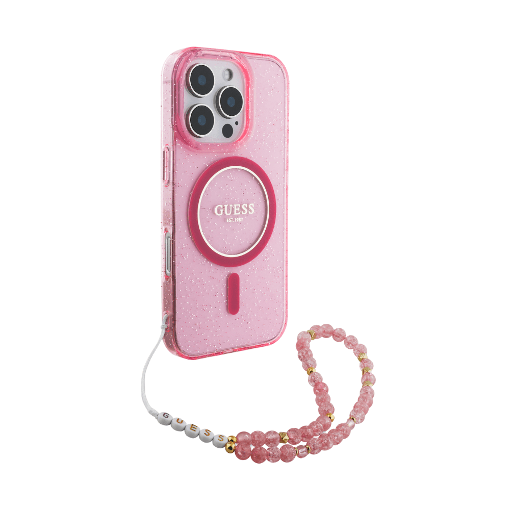 Guess hc magsafe iml glitter with pearl strap pink iphone 16 pro max - TOP MOVIL