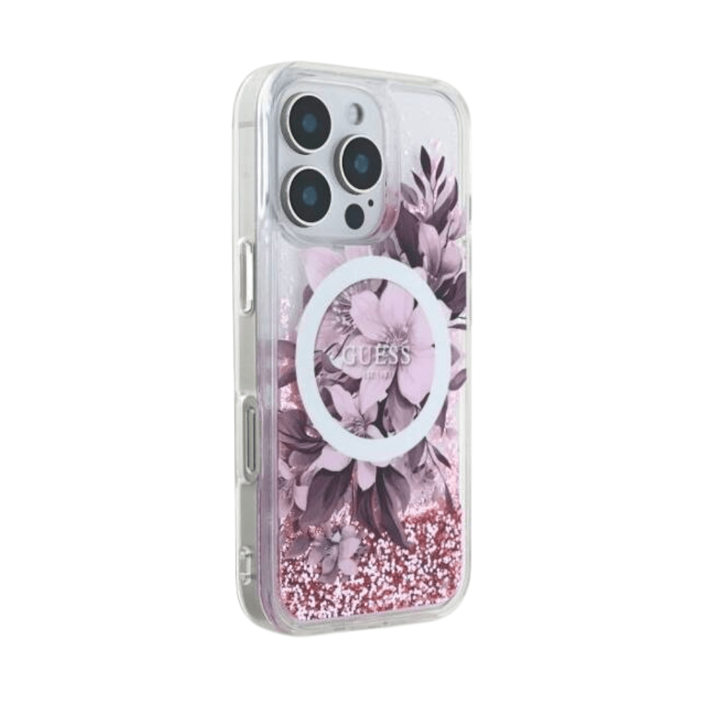 Guess hc magsafe liq. glitter flower pink iphone 16 pro - TOP MOVIL