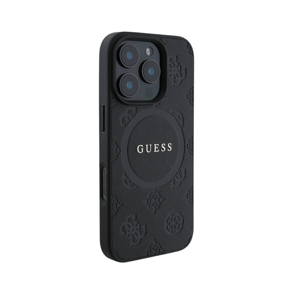 Guess hc magsafe saffiano peony classic logo black iphone 16 pro - TOP MOVIL