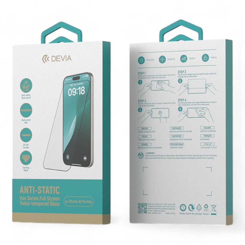 Protector pantalla devia vidrio templado iphone 16 plus van series full screen anti - static twice - tempered glass color transparente - TOP MOVIL